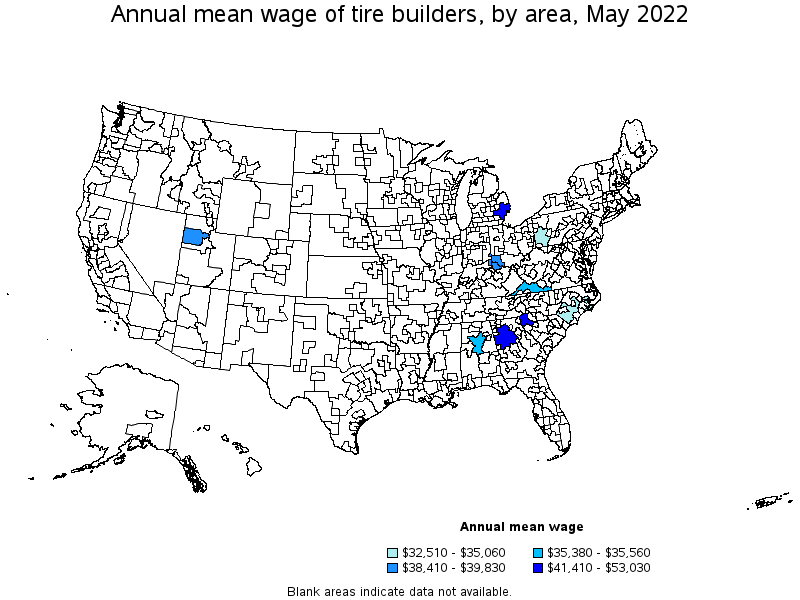 Map of annual mean wages of tire builders by area, May 2022