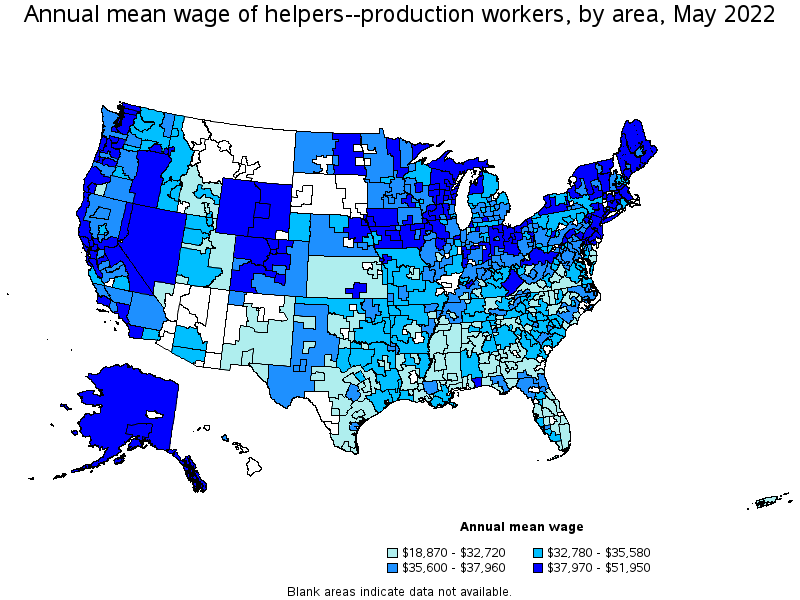 Map of annual mean wages of helpers--production workers by area, May 2022