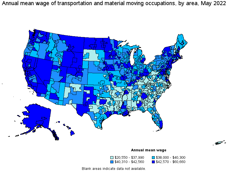 Map of annual mean wages of transportation and material moving occupations by area, May 2022