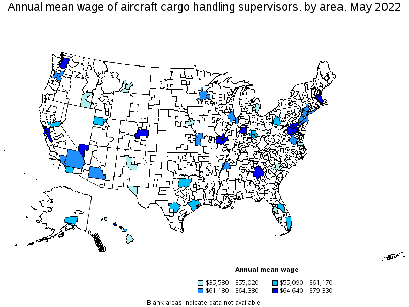 Map of annual mean wages of aircraft cargo handling supervisors by area, May 2022