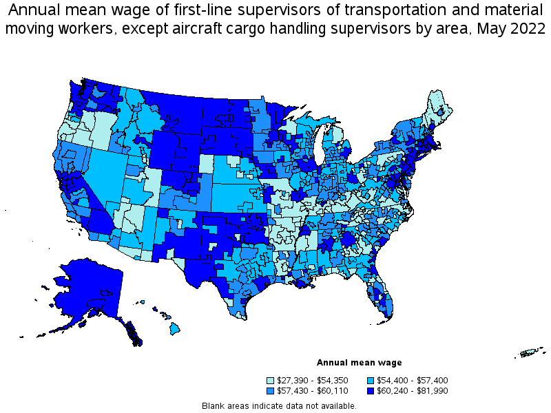 Map of annual mean wages of first-line supervisors of transportation and material moving workers, except aircraft cargo handling supervisors by area, May 2022
