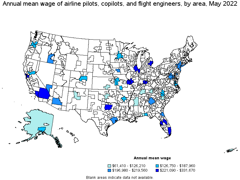 Map of annual mean wages of airline pilots, copilots, and flight engineers by area, May 2022