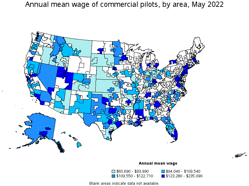 Map of annual mean wages of commercial pilots by area, May 2022