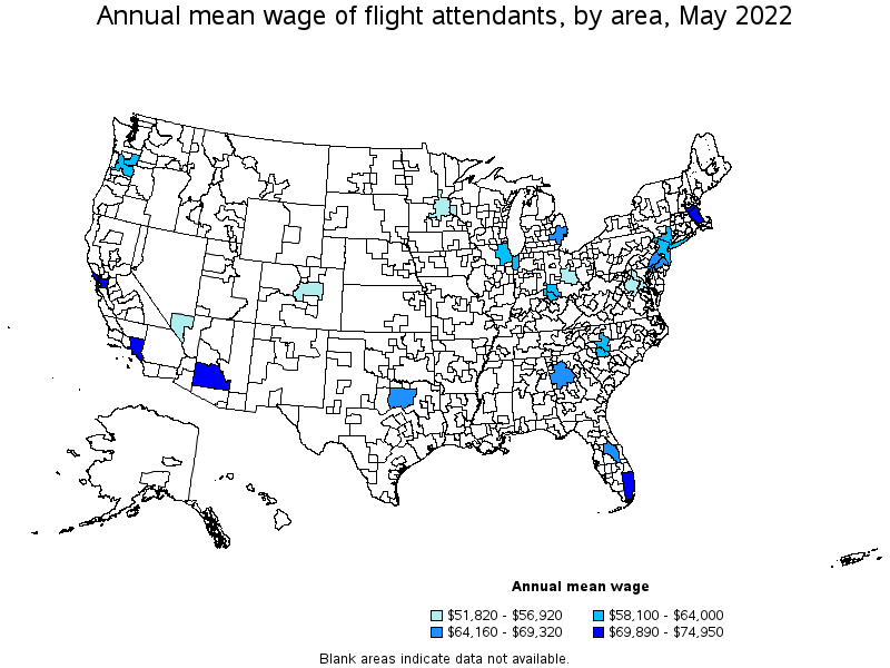Map of annual mean wages of flight attendants by area, May 2022