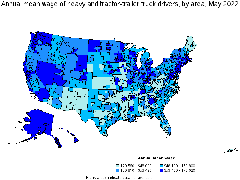 Map of annual mean wages of heavy and tractor-trailer truck drivers by area, May 2022