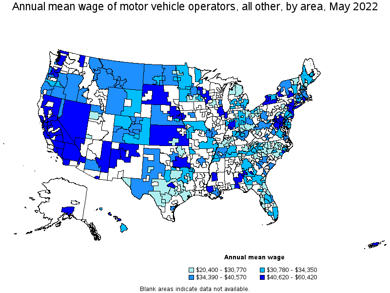 Map of annual mean wages of motor vehicle operators, all other by area, May 2022