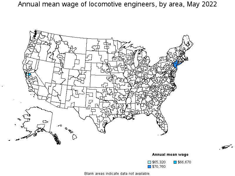 Map of annual mean wages of locomotive engineers by area, May 2022