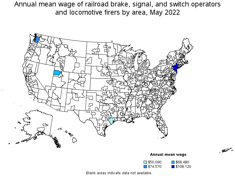 Map of annual mean wages of railroad brake, signal, and switch operators and locomotive firers by area, May 2022