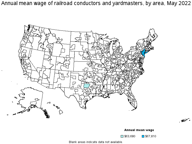 Map of annual mean wages of railroad conductors and yardmasters by area, May 2022