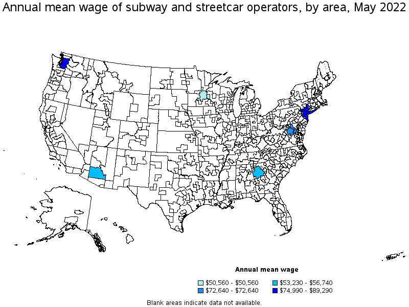 Map of annual mean wages of subway and streetcar operators by area, May 2022