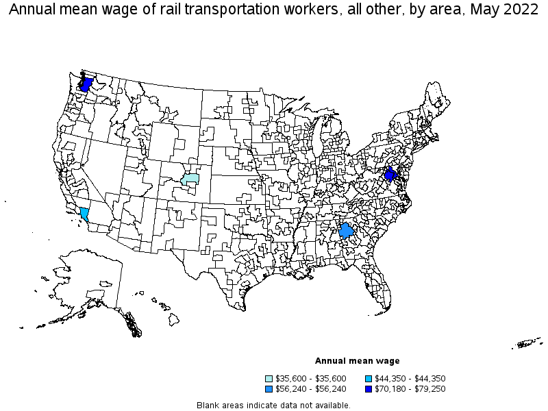 Map of annual mean wages of rail transportation workers, all other by area, May 2022