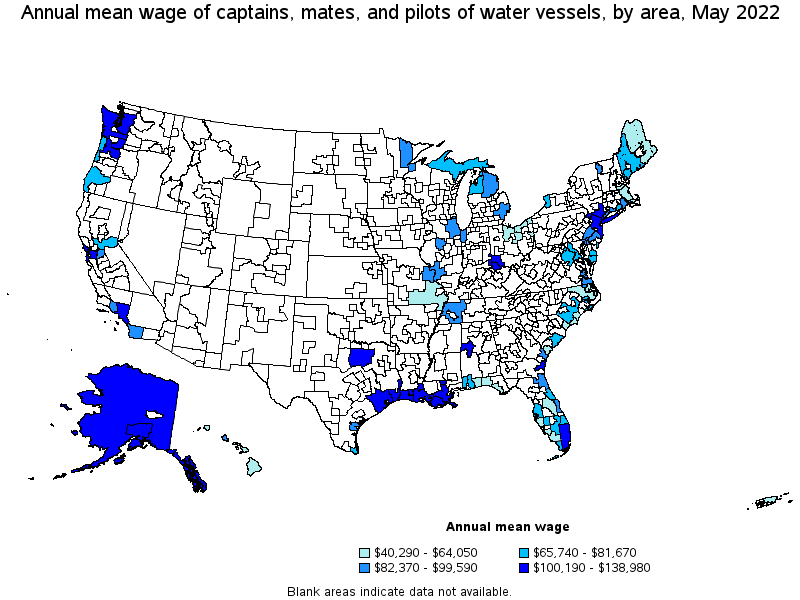 Map of annual mean wages of captains, mates, and pilots of water vessels by area, May 2022