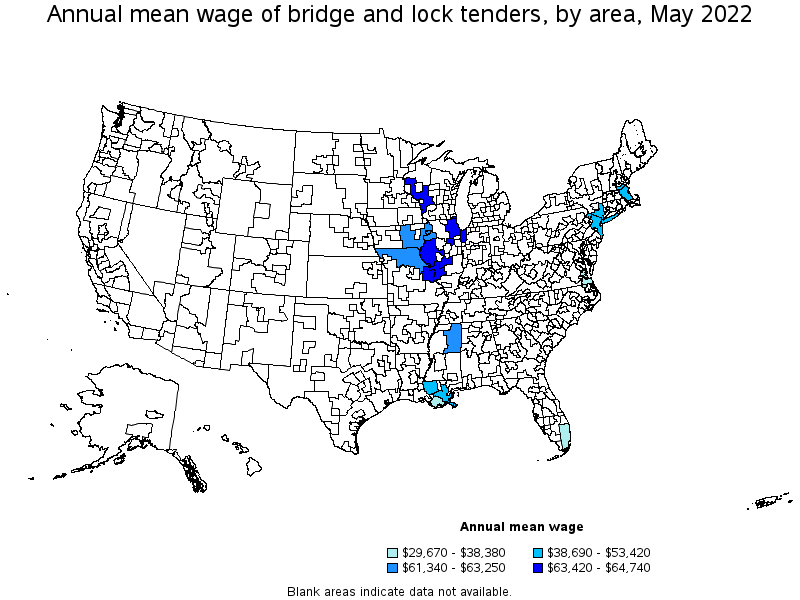 Map of annual mean wages of bridge and lock tenders by area, May 2022