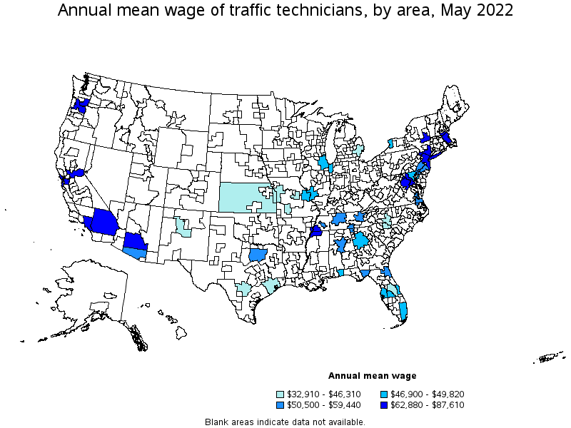 Map of annual mean wages of traffic technicians by area, May 2022