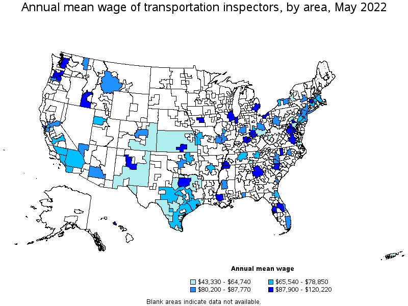 Map of annual mean wages of transportation inspectors by area, May 2022