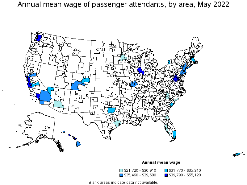 Map of annual mean wages of passenger attendants by area, May 2022