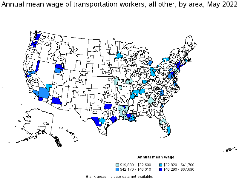 Map of annual mean wages of transportation workers, all other by area, May 2022
