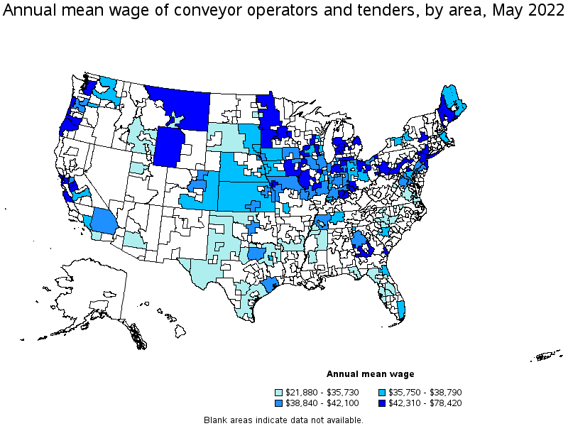 Map of annual mean wages of conveyor operators and tenders by area, May 2022
