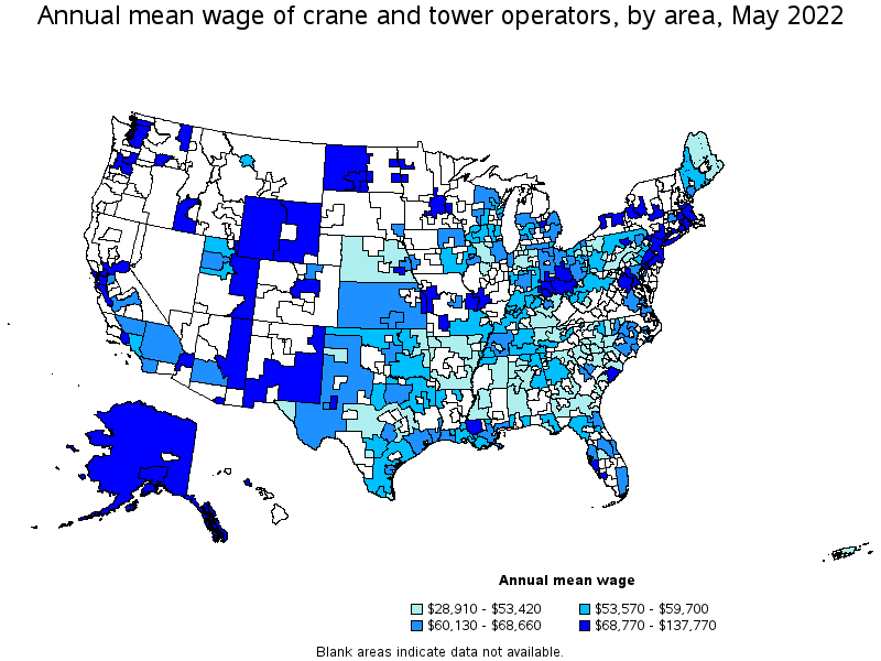 Map of annual mean wages of crane and tower operators by area, May 2022