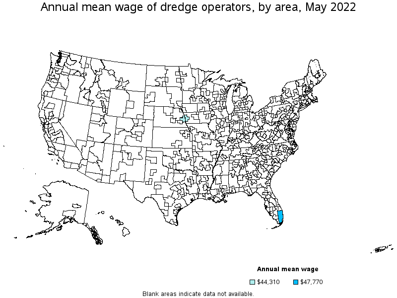 Map of annual mean wages of dredge operators by area, May 2022