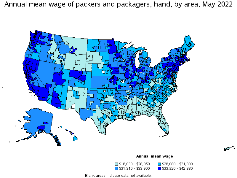 Map of annual mean wages of packers and packagers, hand by area, May 2022