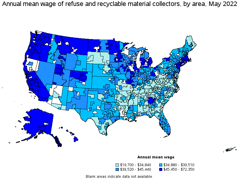 Map of annual mean wages of refuse and recyclable material collectors by area, May 2022