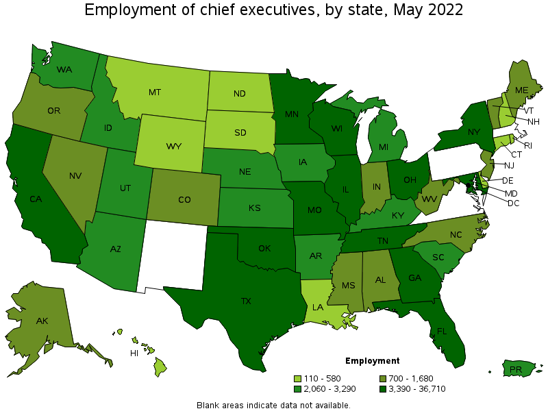 Map of employment of chief executives by state, May 2022