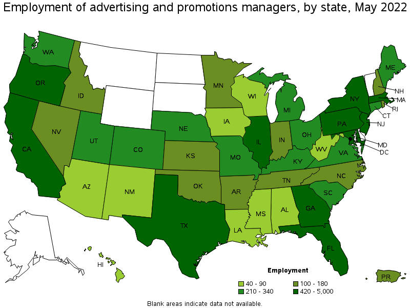 Map of employment of advertising and promotions managers by state, May 2022