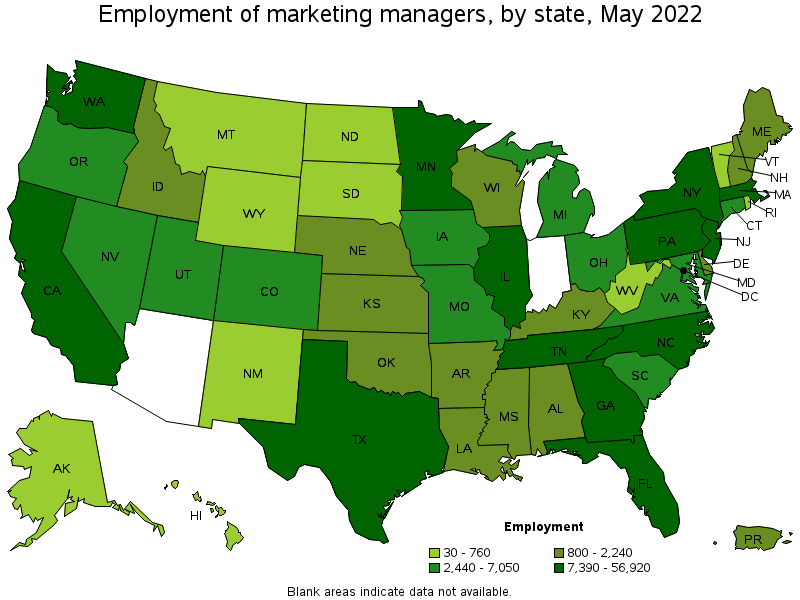 Map of employment of marketing managers by state, May 2022