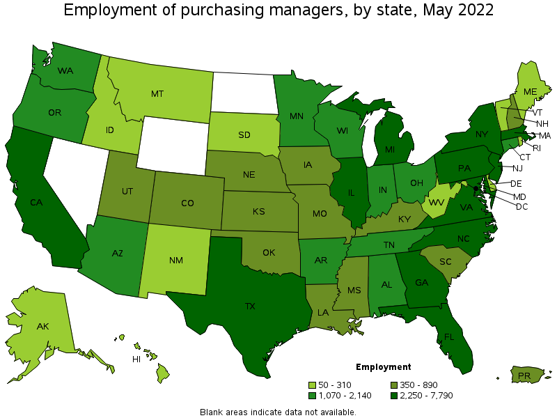 Map of employment of purchasing managers by state, May 2022