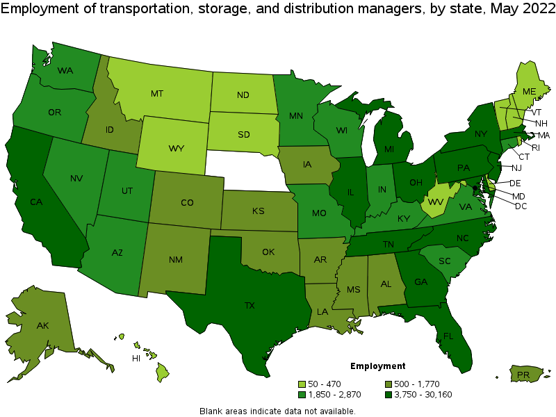 Map of employment of transportation, storage, and distribution managers by state, May 2022