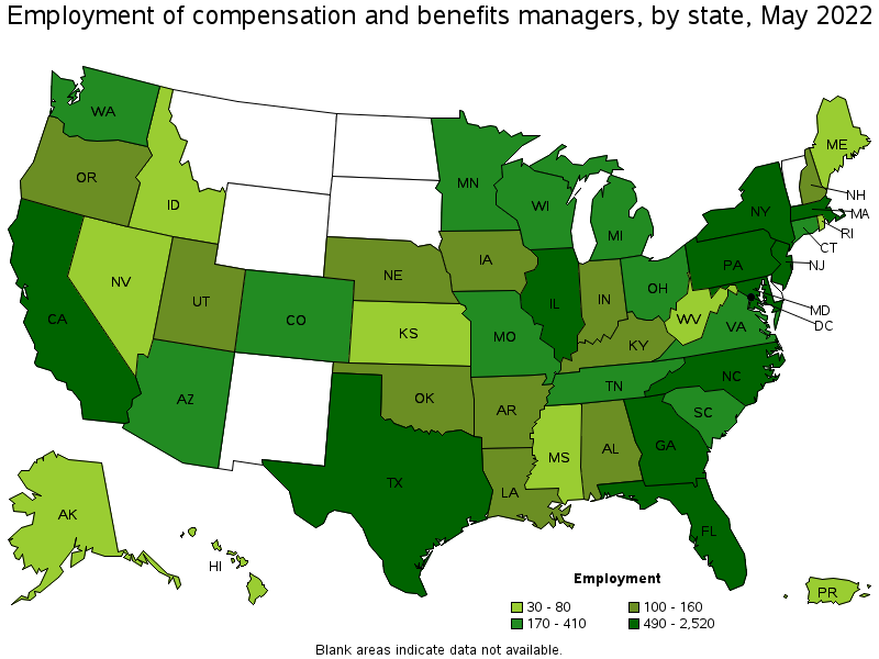 Map of employment of compensation and benefits managers by state, May 2022