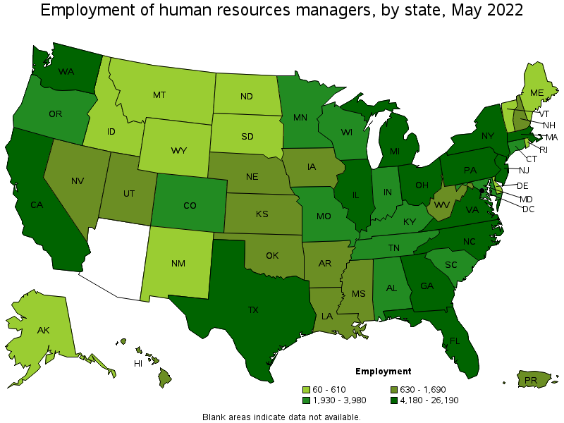 Map of employment of human resources managers by state, May 2022