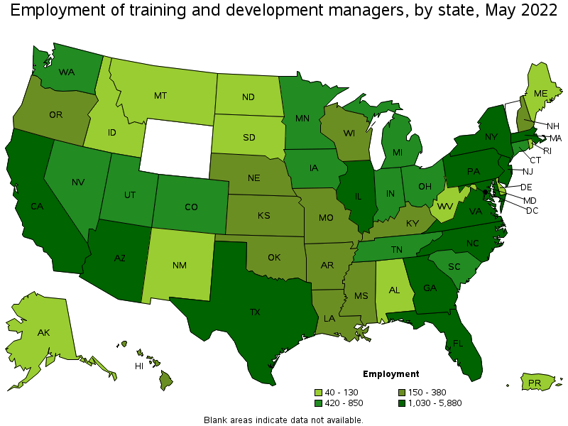 Map of employment of training and development managers by state, May 2022