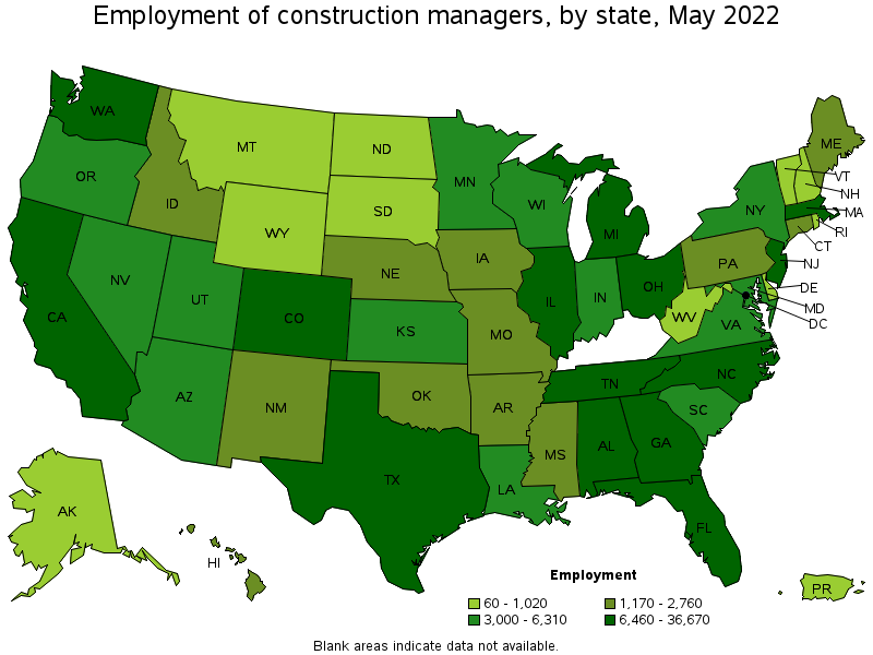Map of employment of construction managers by state, May 2022