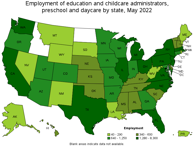 Map of employment of education and childcare administrators, preschool and daycare by state, May 2022
