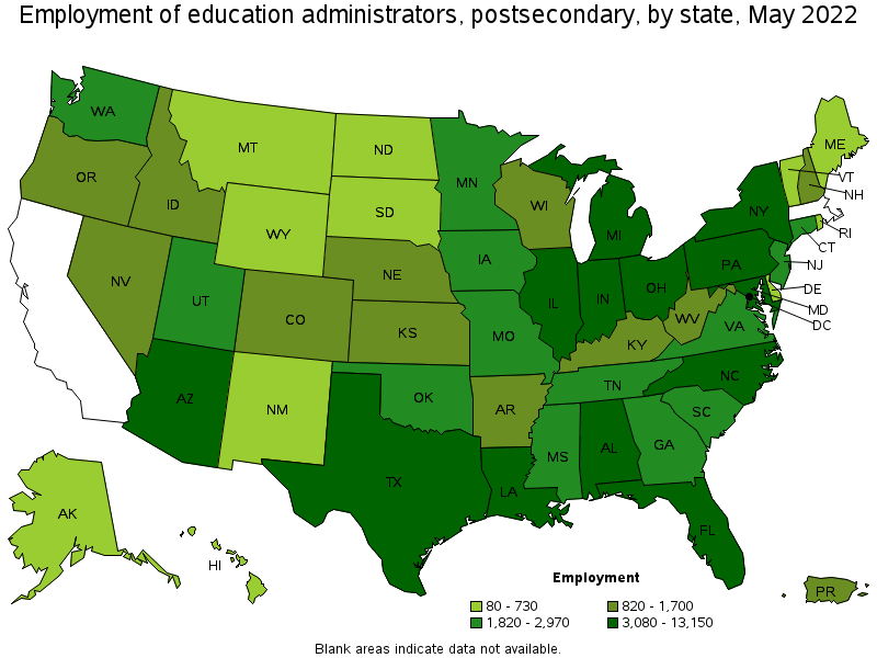 Map of employment of education administrators, postsecondary by state, May 2022