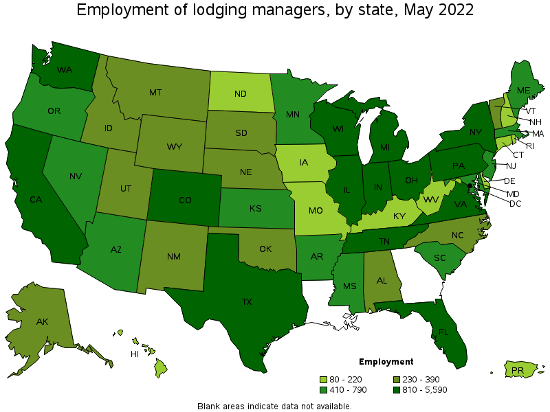 Map of employment of lodging managers by state, May 2022