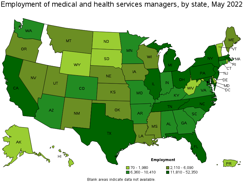 Map of employment of medical and health services managers by state, May 2022