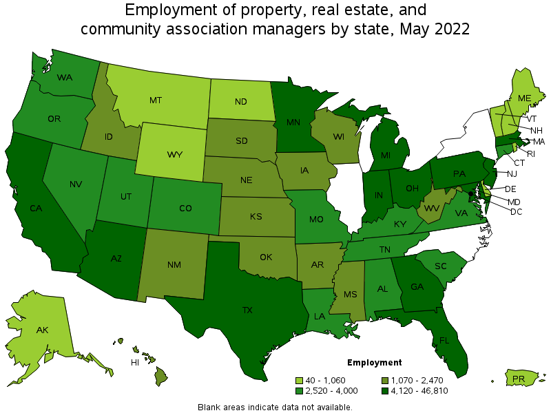Map of employment of property, real estate, and community association managers by state, May 2022