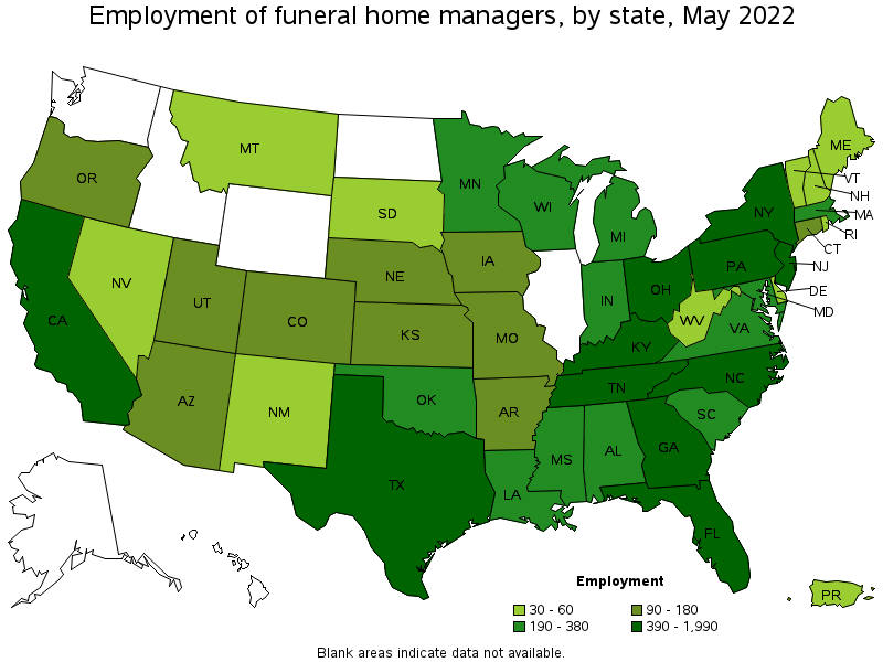 Map of employment of funeral home managers by state, May 2022
