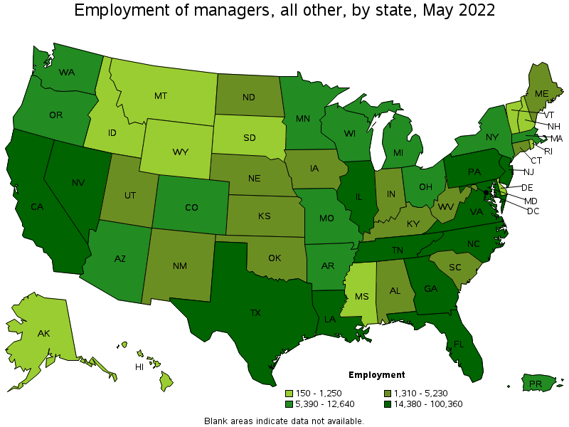 Map of employment of managers, all other by state, May 2022