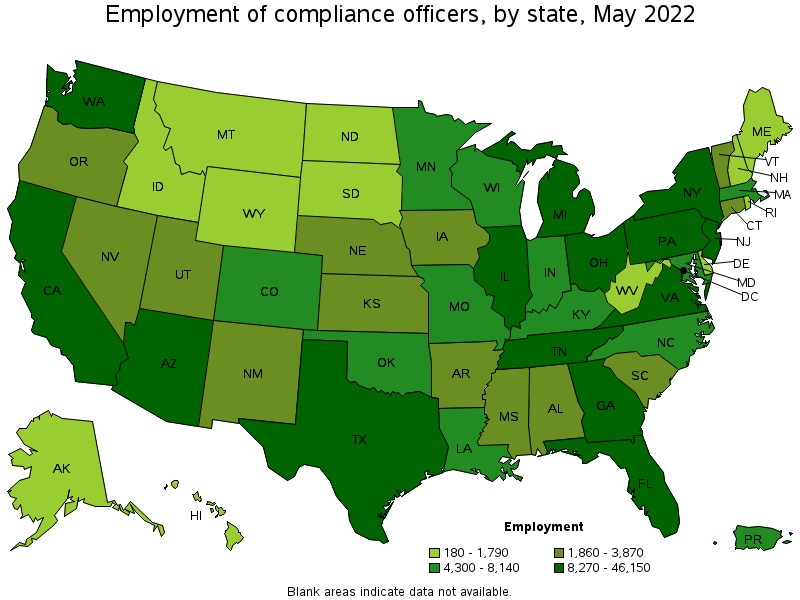 Map of employment of compliance officers by state, May 2022