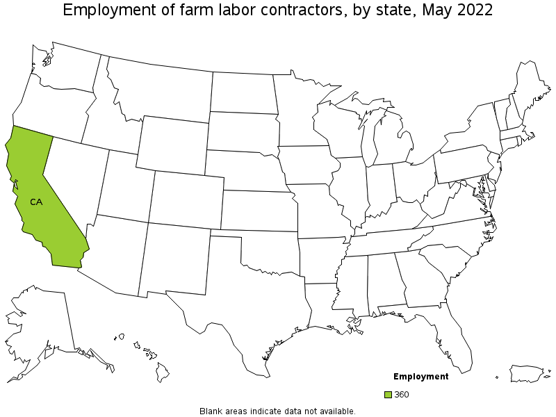 Map of employment of farm labor contractors by state, May 2022