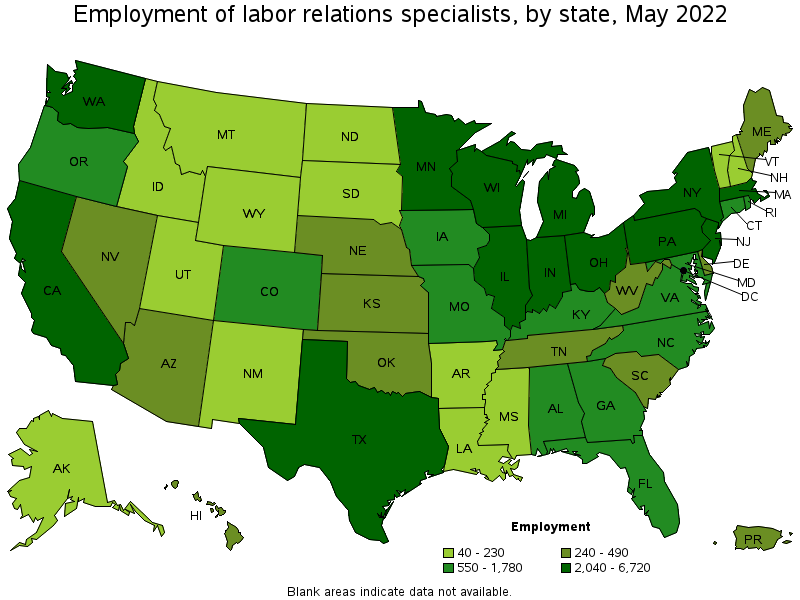 Map of employment of labor relations specialists by state, May 2022