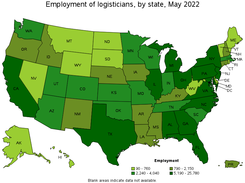 Map of employment of logisticians by state, May 2022