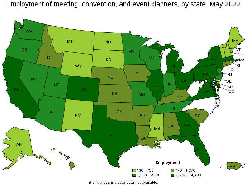 Map of employment of meeting, convention, and event planners by state, May 2022