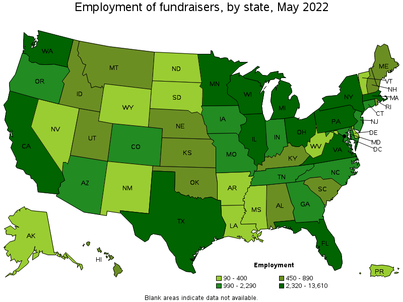 Map of employment of fundraisers by state, May 2022