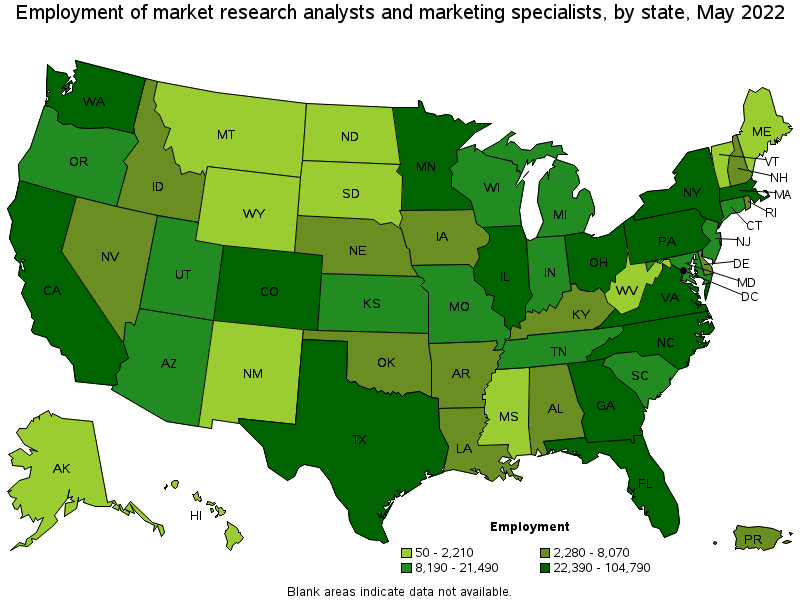 Map of employment of market research analysts and marketing specialists by state, May 2022