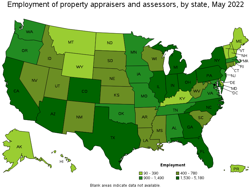 Map of employment of property appraisers and assessors by state, May 2022